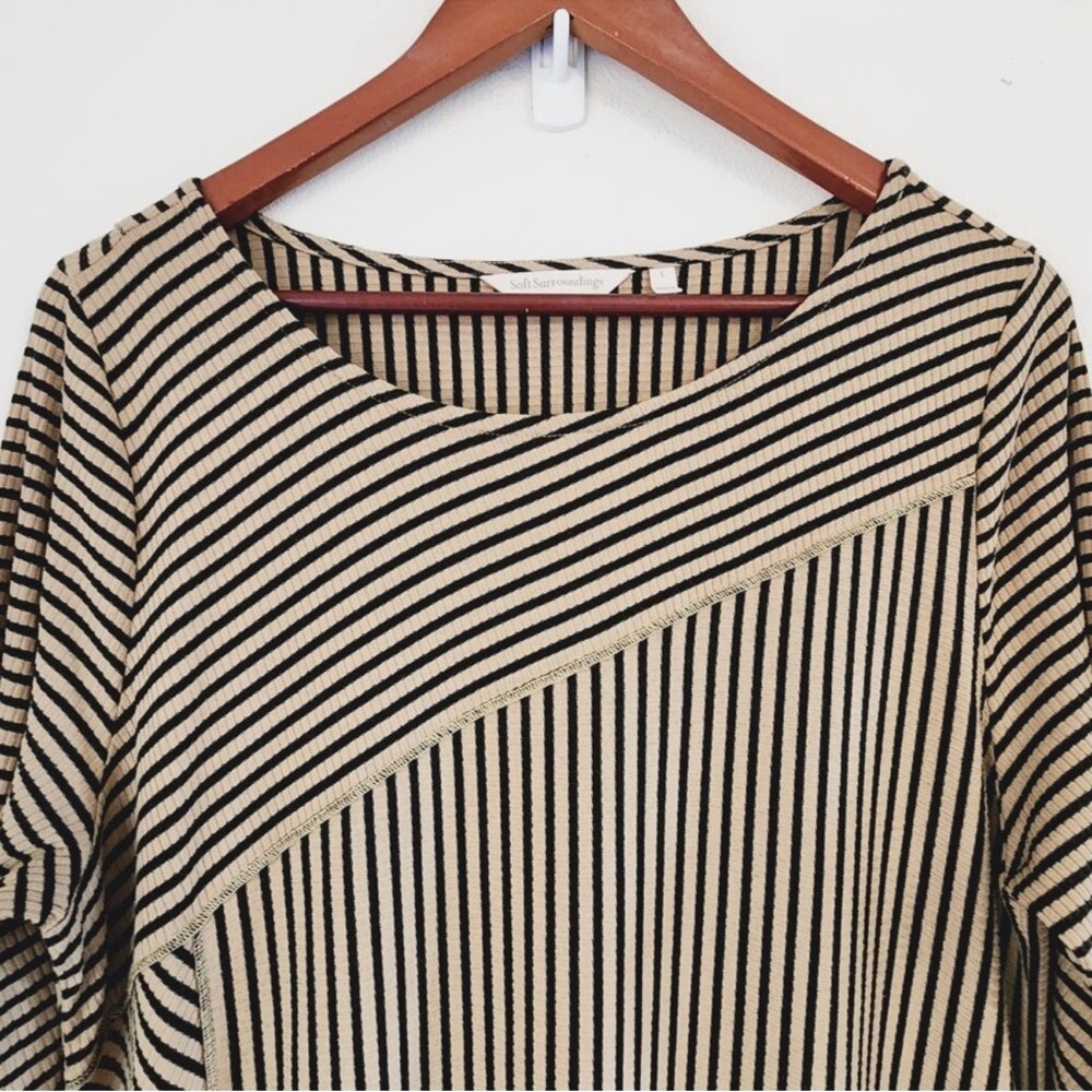 Soft Surroundings Women Maxi Dress Brown Striped L 3/4 Sleeve Cotton Blend Boho